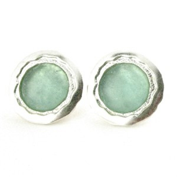 ROUND SEA GREEN ROMAN GLASS EARRINGS: Round Sea Green Roman Glass Earrings--- 3/4 Inch-diamond - Silver-sizes