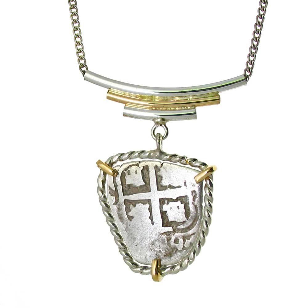 SPANISH ONE REALE - 1720: Spanish One Reale - 1720---border Metal: Sterling Silver-metal: Sterling Silver And 14kt Gold Frame-measures: Pendant Is 1" Tall X .80" Wide-