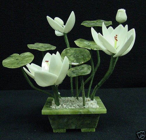 REAL WHITE JADE LOTUS: Real White Jade Lotus - L 7", H 6", W 6". - The Beautiful Lotus Flower Made From Genuine Jade In Guangzhou, China. Its Leaf Is Made Of Taiwan Jade And Its Stem Is Made Of Wire Covered With Silk. It Is
