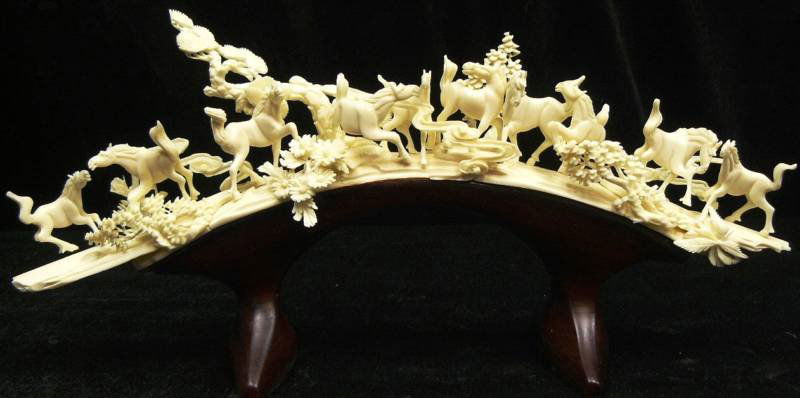 SOLID BONE HORSES BRIDGE: Solid Bone Horses Bridge - Long: 16", Wide: 4", High: 7" - This Beautiful Artwork Is Made From Solid Bones. Many Horses Are Carved On A Jungle Bridge. All Natural And All Hand Carved From High Quality
