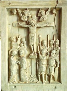 BYZANTINE CRUCIFIXION TABLET: Byzantine Crucifixion Tablet - Size: 6.25"h X 4.5"w X 0.5"d Item Type: Christian Relief Material: Resin - Ivory Finish Weight (lbs): 0.6 - - The Crucifixion, Byzantine, Constantinople (10th Century) T