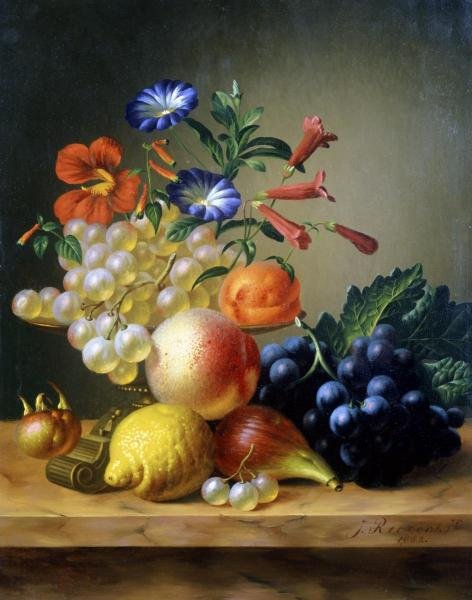 JOHANNES REEKERS - GRAPES, A LEMON, A FIG AND OTHER: Johannes Reekers - Grapes, A Lemon, A Fig And Other Fruit - Giclée On Canvas 28 3/8 X 36 In. - A Giclée Print Is The Highest Quality Print Available Today. Because There Is No Visible Dot Screen Pat