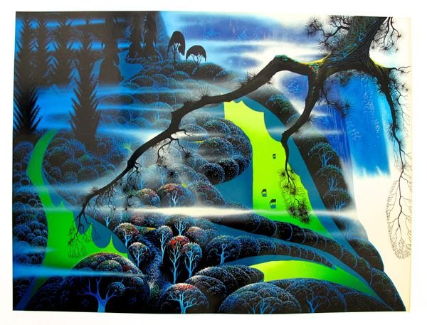 EYVIND EARLE GREEN PASTURES SERIGRAPH: This Is An Eyvind Earle Serigraph Titled "Green Pastures". This Serigraph Is Un-signed And Un-numbered. This Serigraph Does Have A Publishers Stamp From Clearwater Studios. Measures 30" X 40". Comes U