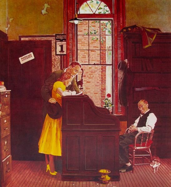 NORMAN ROCKWELL MARRIAGE LICENSE 1978 LITHOGRAPH: Lithograph By Famed American Artist Norman Rockwell Titled "Marriage License". This Norman Rockwell Work Of Art Was Originally An Oil Painting Done For The Saturday Evening Post On June 11, 1955. Set 