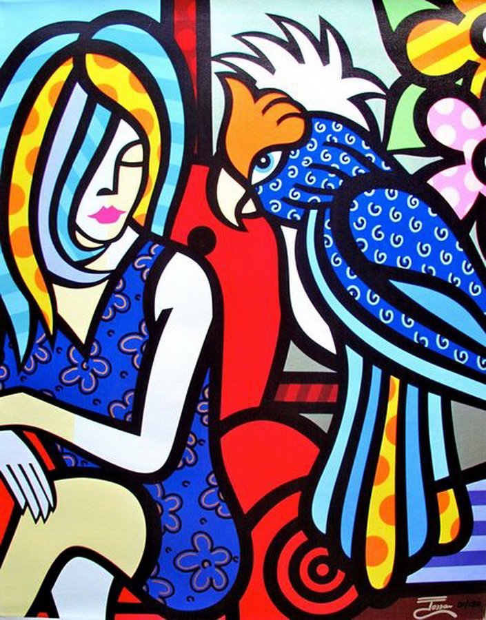 JOZZA GIRL & BIRD HAND SIGNED GICLEE ON CANVAS: Very Nice Hand Signed, Limited Edition, Giclée On Canvas By Jozza Titled “girl & Bird”. If You Love Romero Britto, You'll Love Jozza... Britto's First And Only Student! This Giclee Is Hand Signed