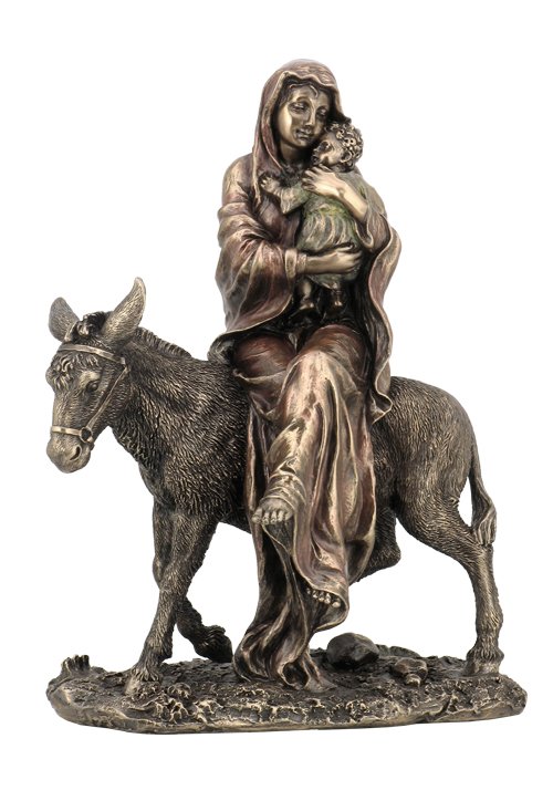 MOTHER MARY HOLDING BABY JESUS ON DONKEY - BRONZE: Mother Mary Holding Baby Jesus On Donkey - Material - Cold Cast Bronze - Size - 8 7/8