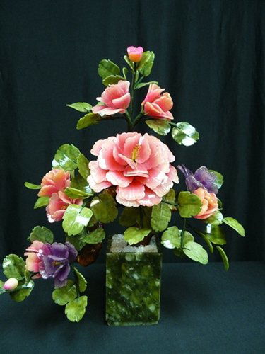 REAL JADE MIXED BONSAI FLOWER: Real Jade Mixed Bonsai Flower - Size: Wide 16", Deep 10", High 20". - Made From Variety Of Color Jade. There Are Yellow And Red. Its Leaf Is Made Of Taiwan Jade. It Is An Ideal Decoration For Your Liv