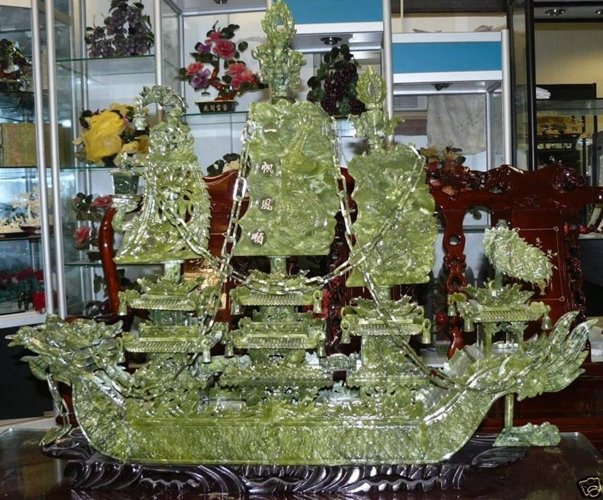 LARGE 38" GREEN JADE DRAGON BOAT: Large 38" Green Jade Dragon Boat - Length: 38 Inches, Height: 32 Inches, Depth: 7 Inches. - This Jade Dragon Boat Is Made Of Southern Jade In China. We Adopted The Best Quality Of Jade To Carve This B