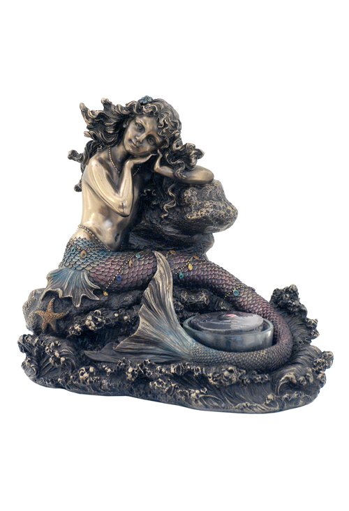 YOUNG MERMAID LEANING ON SEA ROCK - BRONZE: Young Mermaid Leaning On Sea Rock - Material - Cold Cast Bronze - Size - 6 1/2