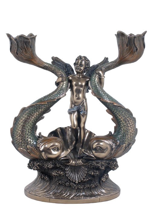 CHERUB & FISH CANDLE HOLDER - BRONZE: Cherub & Fish Candle Holder - Material - Cold Cast Bronze - Size - 9 1/4