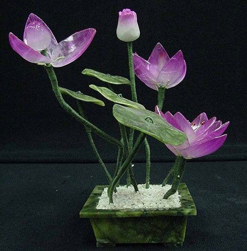 REAL PINK JADE LOTUS: Real Pink Jade Lotus - L 7", H 6", W 6" - The Beautiful Lotus Flower Genuine Jade In Guangzhou, China. Its Leaf Is Made Of Taiwan Jade And Its Stem Is Made Of Wire Covered With Silk. It Is An Ideal De