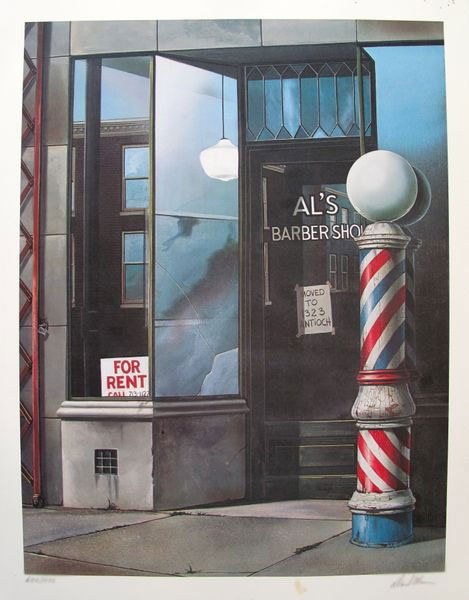 DAVID MANN AL'S BARBERSHOP LIMITED ED. HAND SIGNED: Lithograph Hand Signed By David Mann Titled "Al's Barber Shop". Please Note We Are Selling This Piece At A Discount Since It Has Some Marks On White Border. Made On Archival Quality Paper. This Piece