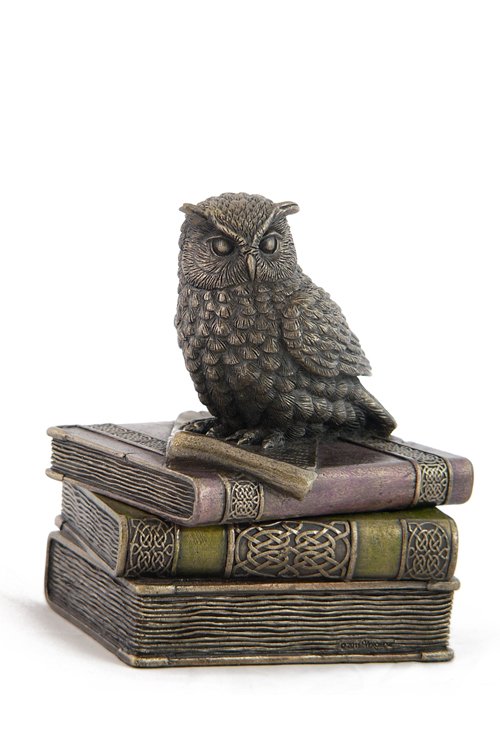 COLLARED SCOPS OWL ON BOOKS TRINKETBOX - BRONZE: Collared Scops Owl On Books Trinketbox - Material - Cold Cast Bronze - Size - 4 3/4