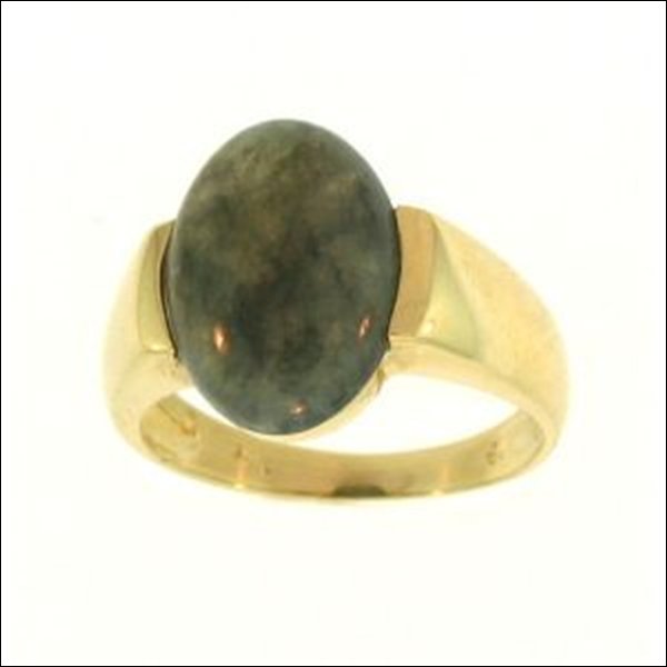 NATURAL GREY JADE RING-GRADE A JADE: Metal: Yellow Gold Karat: 14k Stone Size: 10x14mm Details: Semi-bezel - "Guaranteed 100% Grade A Jade"