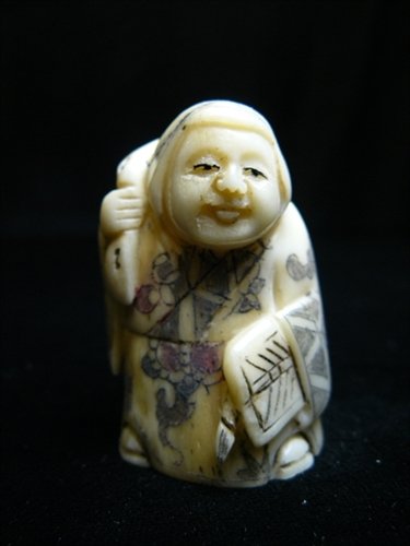 ANTIQUE BONE NETSUKE: Antique Bone Netsuke - Long: 1.5", Deep: 1", High: 2". - This Is Japanese Netsuke. All Hand Carved From One Solid Piece Of Cow Bone. Hand Painted With Signature On The Bottom. There Are 2 Holes On The