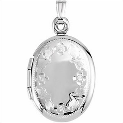 Oval Locket with Floral Design: Oval Locket with Floral Design - 1.1202: DWT - Gram Weight: 1.74 - Metal: 14K White - Finished State: P - Series Description: Oval Shaped Locket - :