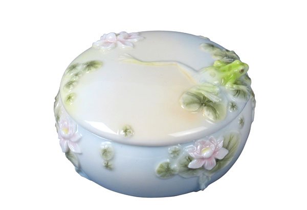 FROG & WATER LILY TRINKET BOX: Frog & Water Lily Trinket Box - Material - Fine Porcelain - Size - 3 1/2