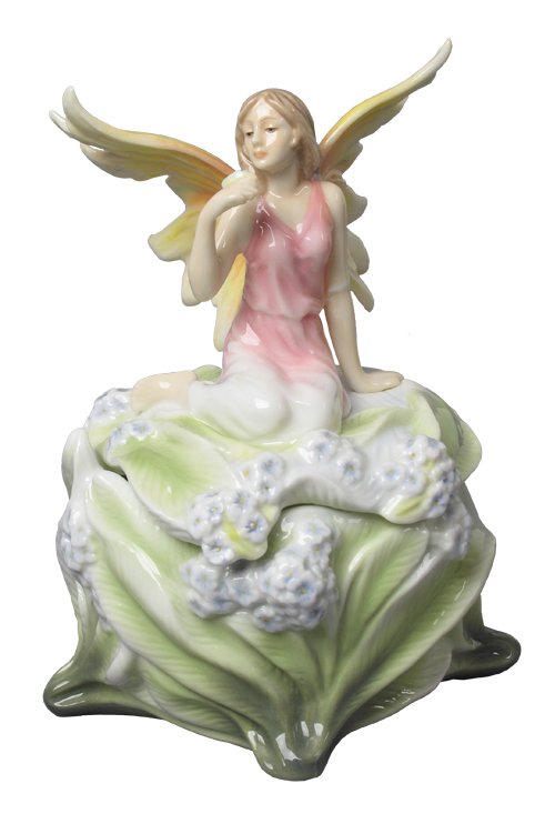 FAIRY ON BLUEBELL TRINKET BOX: Fairy On Bluebell Trinket Box - Material - Fine Porcelain - Size - 5 1/4