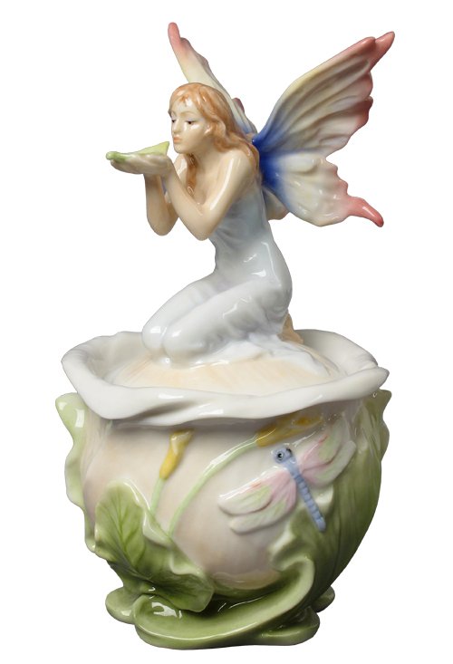 FAIRY ON CALLA LILY TRINKET BOX: Fairy On Calla Lily Trinket Box - Material - Fine Porcelain - Size - 6 1/4