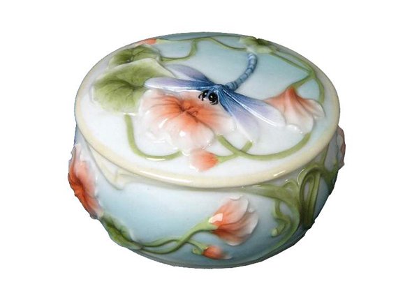 DRAGONFLY & POPPY TRINKET BOX: Dragonfly & Poppy Trinket Box - Material - Fine Porcelain - Size - 3 1/2