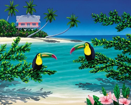 PINK HOUSE PARADISE: PINK HOUSE PARADISE - Pink House Paradise, Giclee Canvas Pink House Paradise Is A Tropical Canvas Giclee By Dan Mackin.