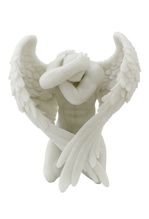 WINGED NUDE MALE KNEELING WITH HANDS HOLDING HEADS: Winged Nude Male Kneeling With Hands Holding Heads (marble White) - Material - Poly Stone - Size - (h) 6 1/4