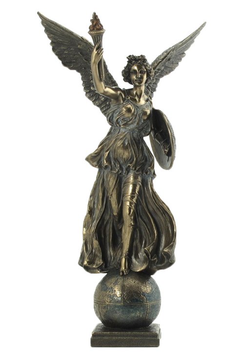 ANGEL OF PEACE WITH TORCH AND SHIELD STANDING ON THE: Angel Of Peace With Torch And Shield Standing On The Globe - Material - Cold Cast Bronze - Size - 13 1/4