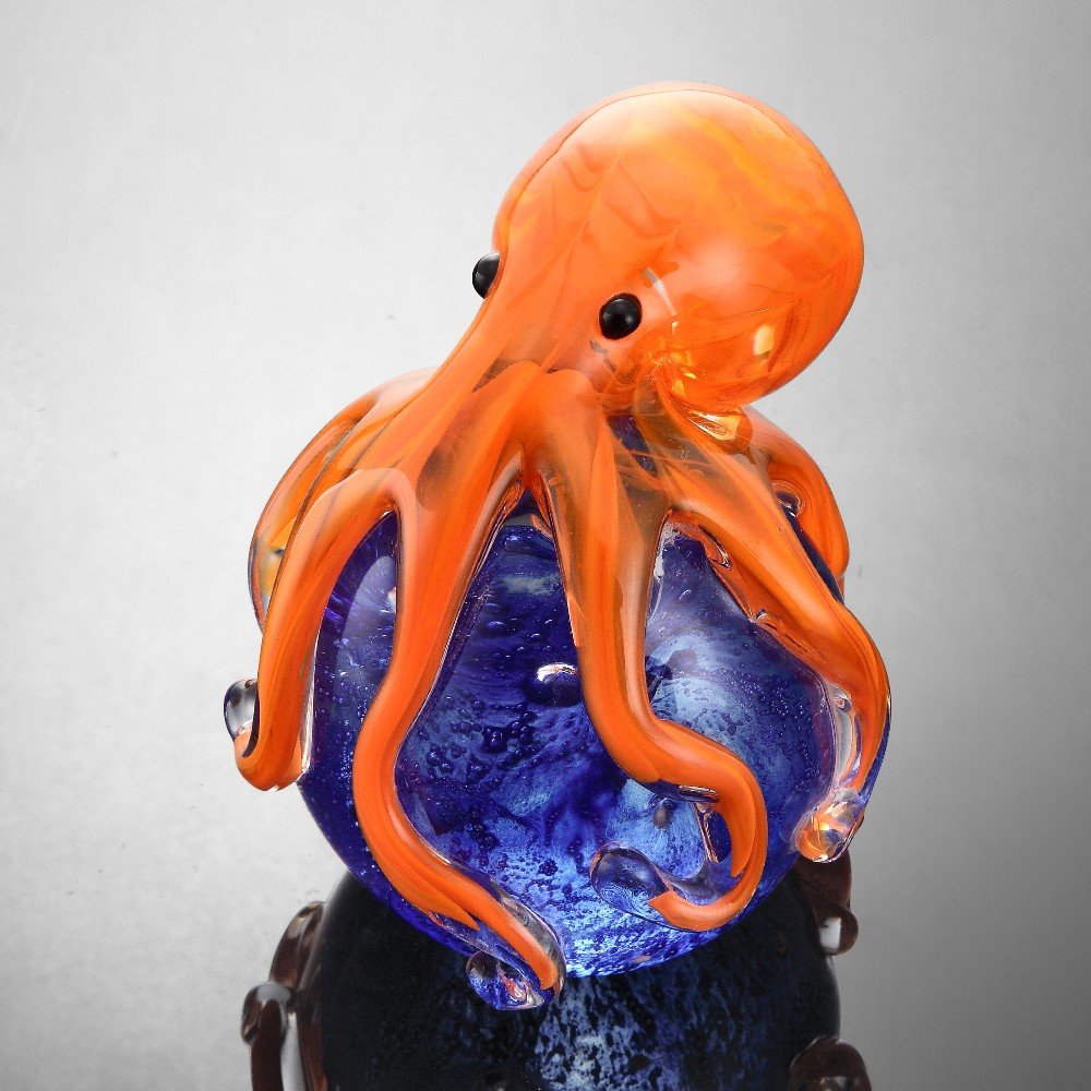 ART GLASS ORANGE OCTOPUS PAPER: Art Glass Orange Octopus Paper - Weight: 1.3 Lbs - Size: 4"H 3"W 3"D - Material: GLASS