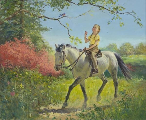 PETER STEVENS - GIRL ON HORSEBACK IN SPRING: PETER STEVENS - GIRL ON HORSEBACK IN SPRING - 35 x 28 in. - Museum Wrapped The Piece Of Art Is Ready To Hang Or Lean Against A Wall, Or Display On An Easel. - A Giclée Print Is The Highest Quality Pr