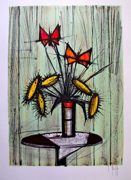 V. BEFFA LA PENSEE ET TOURNESOLS HAND SIGNED LIMITED: This Is A Stone Lithograph Titled "la Pensee Et Tournesols". This Piece Was Hand Signed In By Beffa In 1975. V. Beffa Was A French Artist Known To Produce Works In The Style Of Bernard Buffet. Image M