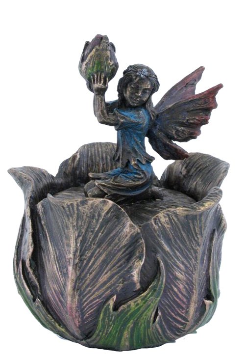LITTLE FAIRY KNEELING ON TULIP TRINKET BOX - BRONZE: Little Fairy Kneeling On Tulip Trinket Box - Material - Cold Cast Bronze - Size - 2 3/8