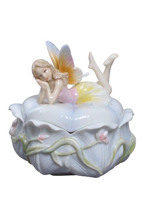 FAIRY & PINK IRIS JEWEL BOX: Fairy & Pink Iris Jewel Box - Material - Fine Porcelain - Size - (h) 4 3/4