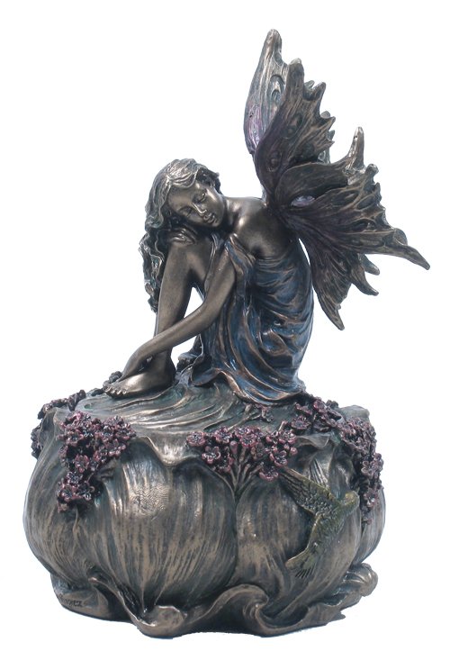 FAIRY & HUMMINGBIRD TRINKET BOX: Fairy & Hummingbird Trinket Box - Material - Poly Stone - Size - (h) 6 1/2