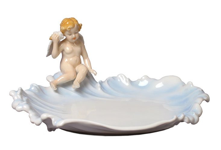 CHERUBS LISTENING TO SEA SHELL JEWELRY TRAY: Cherubs Listening To Sea Shell-jewelry Tray - Material - Fine Porcelain - Size - (l) 7 7/8