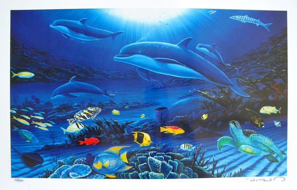 Robert Wyland IN THE COMPANY OF DOLPHINS Limited Ed.: This is a limited edition original hand signed seriograph by Wyland titled “IN THE COMPANY OF DOLPHINS”. Hand Signed and Numbered by the artist. Numbered from a edition size of 500. Medium is Seri