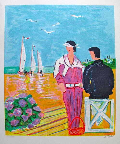 Jean-Claude Picot COUPLE AT DEAUVILLE 1980 Hand Signed: This is a Jean-Claude Picot lithograph titled "COUPLE AT DEAUVILLE". This piece was hand signed by Picot in 1980 and pencil numbered 222/250. Paper measures 29" x 21". Image measures 22" x 18". Made o