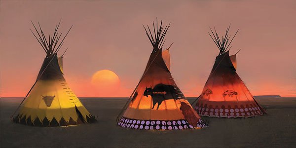 INDIAN SUNSET II - BY R. TOM GILLEON: Indian Sunset Ii - By R. Tom Gilleon - Hand Signed - Extra Large Canvas Edition - Image Size: 74"w X 37"h. Edition Size:25