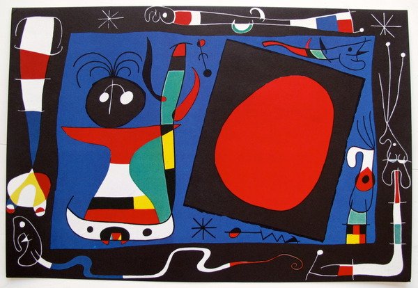 Joan Miro WOMAN AT THE MIRROR Limited Ed. Plate Signed: This is a Joan Miro lithograph titled "Woman at the Mirror" or "Le Femme au Miroir. This reproduction piece is signed in the plate which means it bears a copy of Miro's signature on it. Measures 11-1/