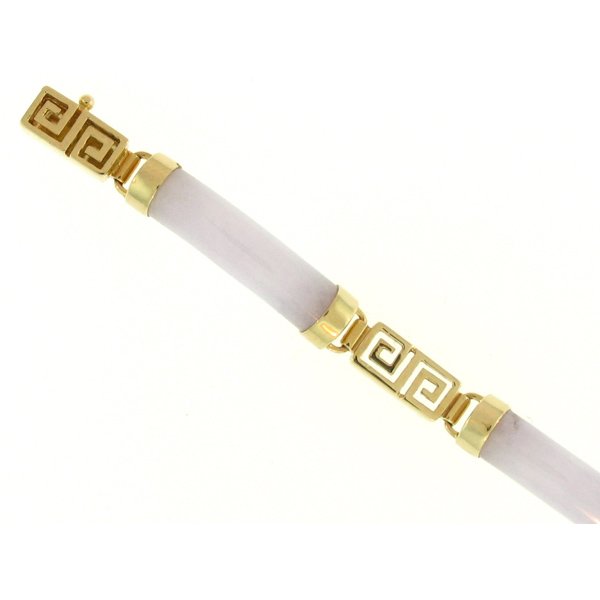 NATURAL LAVENDER JADE BRACELET: This Is A-one-of-a-kind - Natural Lavender Jade Bracelet - Metal: Yellow Gold Karat: 14k Stone Size: ~22x5 Details: Key Carved Spacers - This Is Guaranteed Grade A Jade (jadeite)