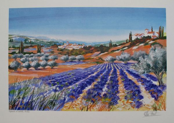 Ella Fort LAVENDER FIELDS II Limited Ed. Hand Signed: This is a lithograph by French artist Ella Fort titled "LAVENDER FIELDS II". This subject is hand signed by the artist and pencil numbered from an artist proof edition of 60. Image measures 11" x 17".
