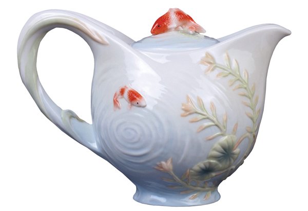 KOI IN LOTUS POND TEAPOT: Koi In Lotus Pond-teapot - Material - Fine Porcelain - Size - (l) 6 7/8