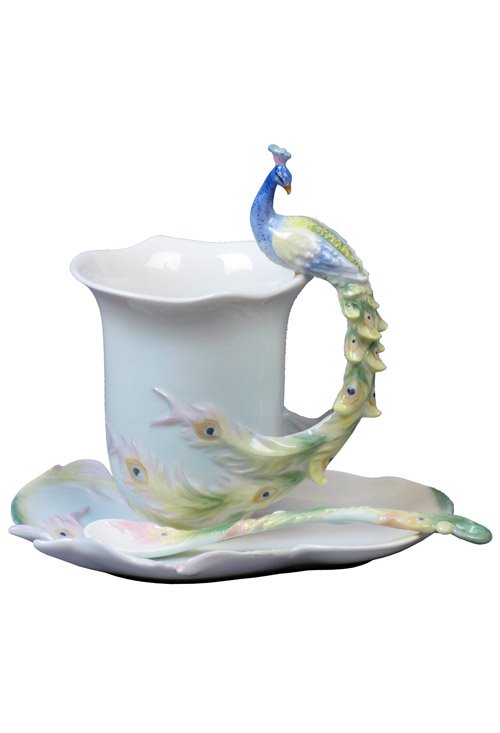 PEACOCK COFFEE CUP SET WITH SPOON: Peacock Coffee Cup Set With Spoon - Material - Fine Porcelain - Size - (l) 6 1/4