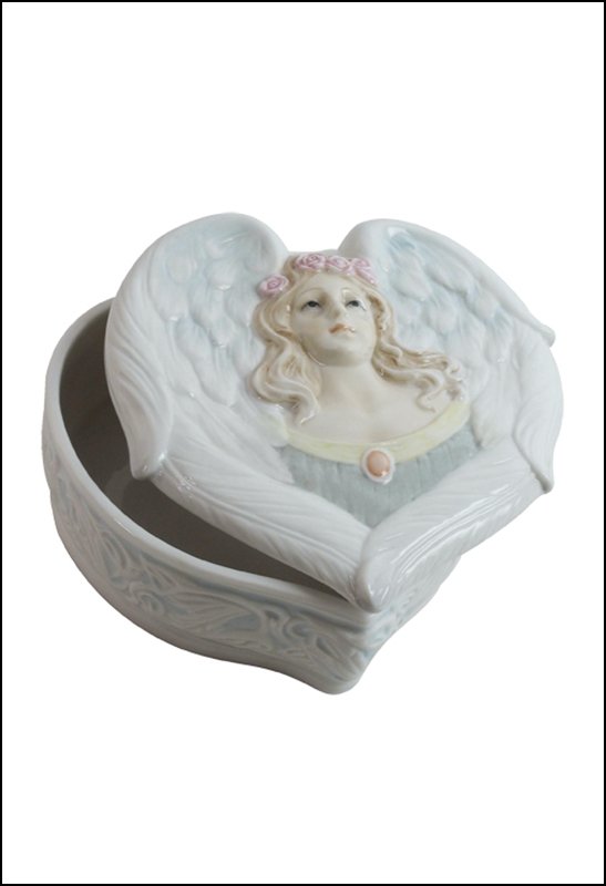 ANGEL WITH ROSE HEAD WREATH TRINKET BOX: Angel With Rose Head Wreath Trinket Box - Material - Fine Porcelain - Size - (l) 5 1/8