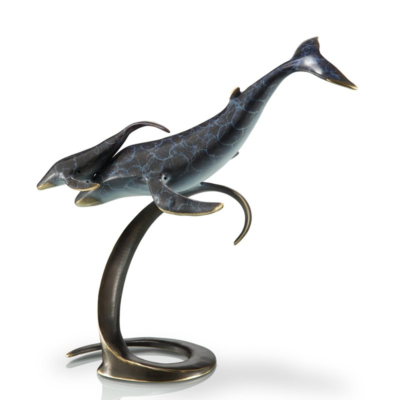 WHALE PAIR ON WAVE: Whale Pair on Wave - Weight: 3.35 Lbs - Size: 12"H 12"W 5.5"D - Material: BRASS