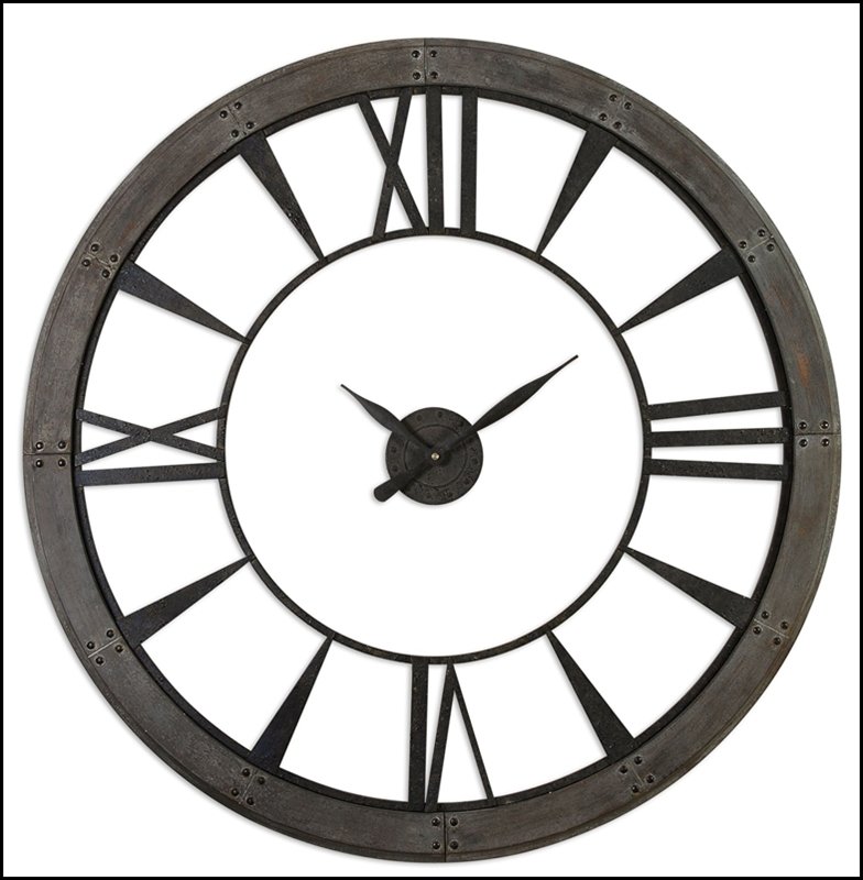 RONAN WALL CLOCK, LARGE: Ronan Wall Clock, Large - Material: MDF/METAL - Overall Depth: 1.5 Inches - Overall Width: 60 Inches - Overall Height: 60 Inches - Weight: 40 Lbs. - Description: Dark, Rustic Bronze Finish Accented Wi