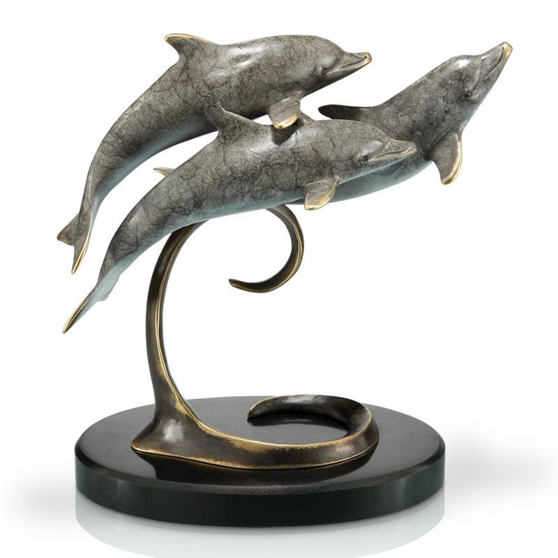 TRIPLE DOLPHINS ON MARBLE BASE: Triple Dolphins on Marble Base - Weight: 2.2 Lbs - Size: 8"H 8"W 5"D - Material: BRASS