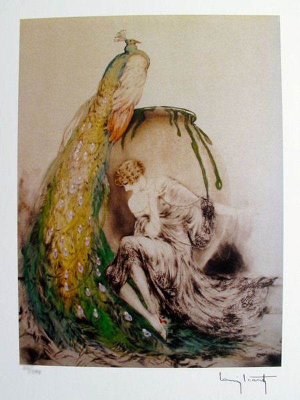 Louis Icart PEACOCK Facsimile Signed Limited Ed. Giclee: This is a Louis Icart small giclee titled "PEACOCK". This giclee is facsimile signed on the lower right which means it bears a copy of Icarts' signature. This piece is pencil numbered from an edition 