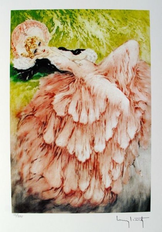 Louis Icart DREAMING Facsimile Signed Limited Ed.: This is a Louis Icart small giclee titled "DREAMING". This giclee is facsimile signed on the lower right which means it bears a copy of Icarts' signature. This piece is pencil numbered from an edition