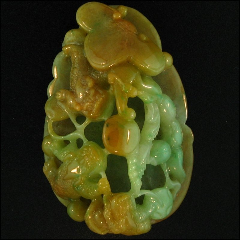 NATURAL GREEN YELLOW MIX JADE LOOSE: This Is A-one-of-a-kind - Natural Green Yellow Mix Jade Loose - Metal: N/a Karat: N/a Stone Size: 62x41mm Details: 3d Carved 3 Legged Frogs With Dragon Heads, Coin And Ling Zhi Or Fungus - This Is Gua