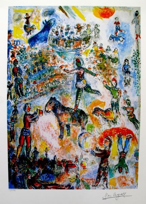 Marc Chagall CIRCUS GRAND Limited Ed. Small Giclée: Marc Chagall Limited Edition giclee titled "CIRCUS GRAND". This subject is facsimile signed which means it has a copy of Chagall's signature. Numbered from a limited edition of 375. Image measures 12.